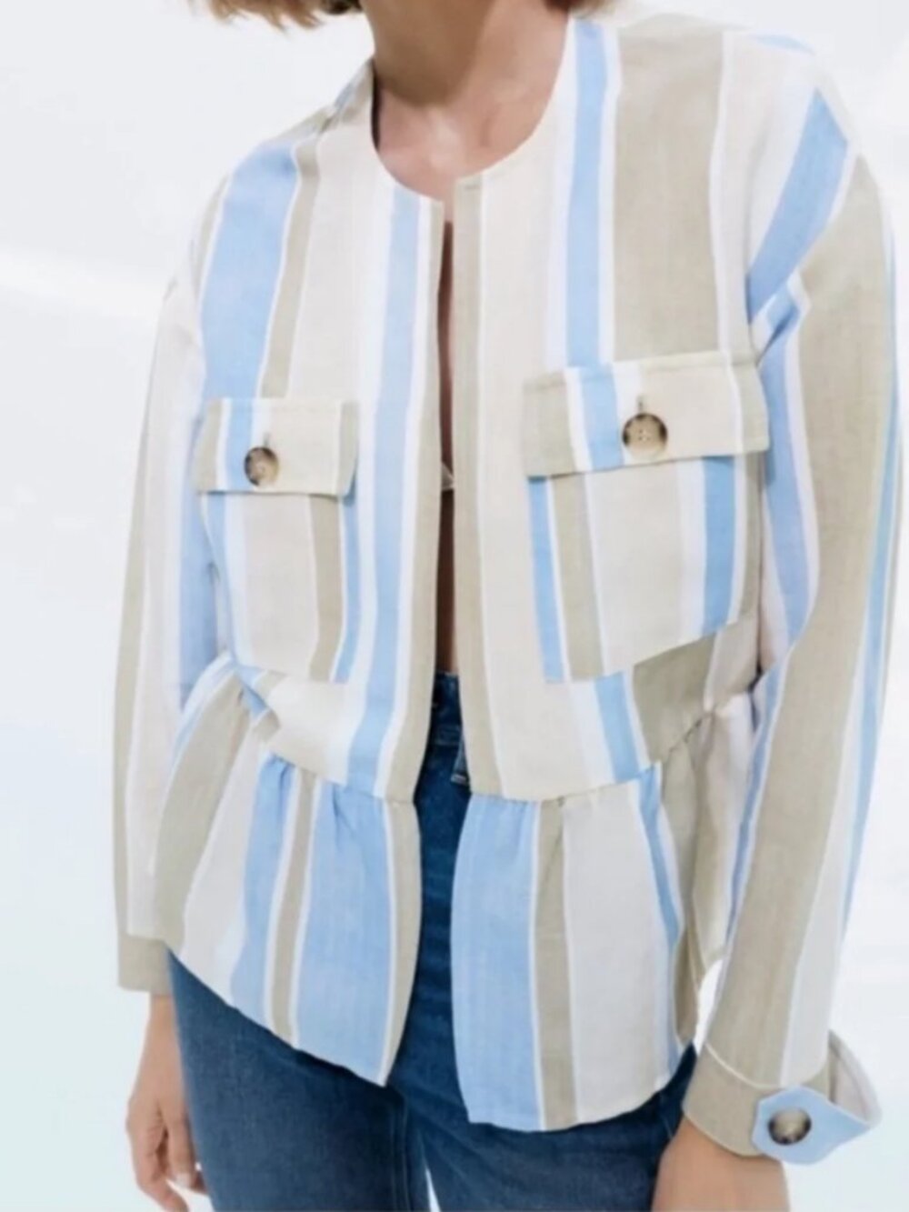 Zara Striped Linen Blend Open Front Peplum Jacket - Blue/Tan/White SZ XL